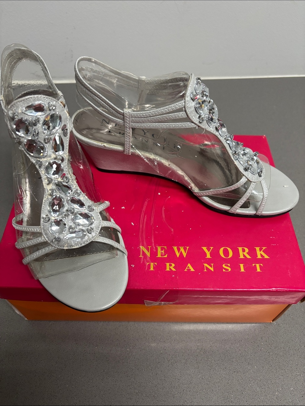 New York Transit Silver Jeweled T-Strap Wedge Sandals